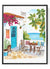 Coastal courtyard art featuring blue door and tropical plants