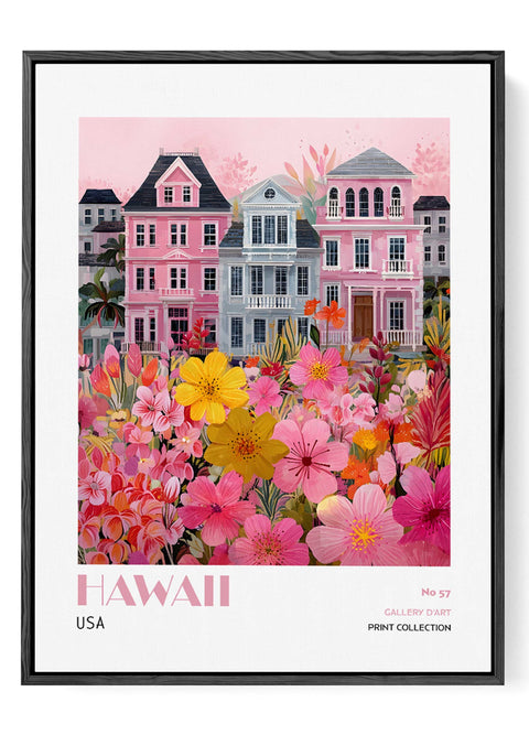 Coastal house art print with tropical flowers