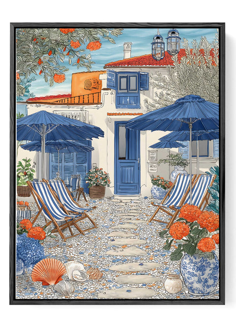 Coastal patio print with striped chairs and flowers