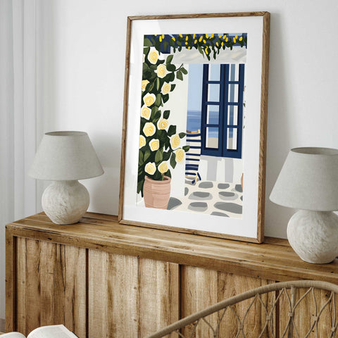 Coastal view watercolor with tiled patio and sunny decor

