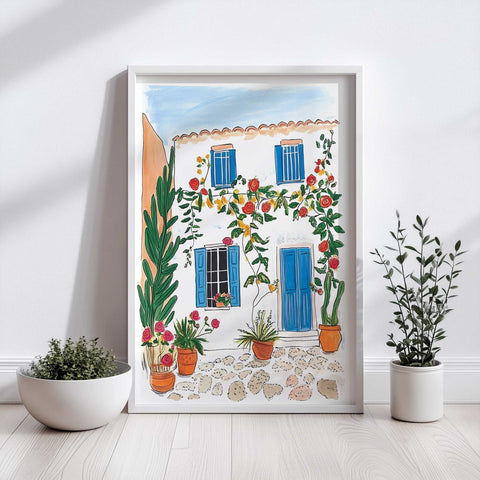 Coastal village art with stone path, blooming vines, and blue trim


