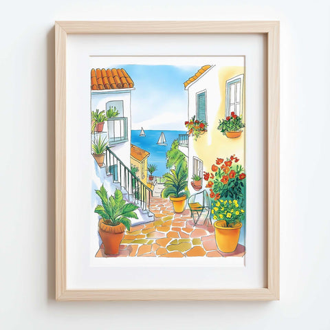 Coastal village watercolor with terracotta roofs and green plants

