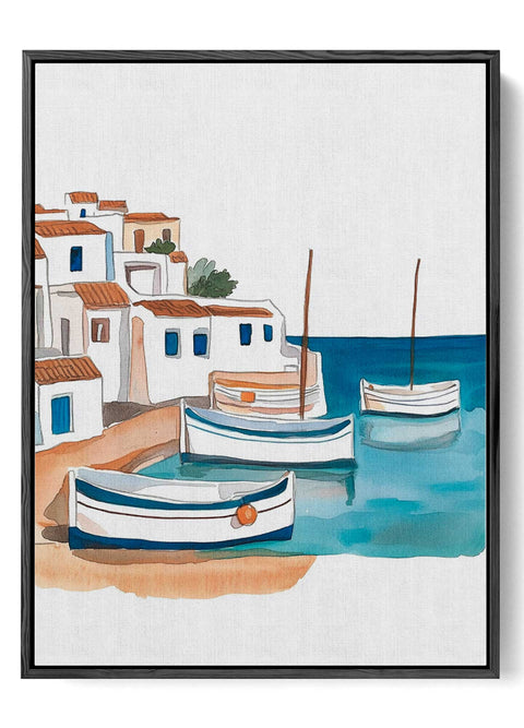 Coastal village with docked fishing boats art

