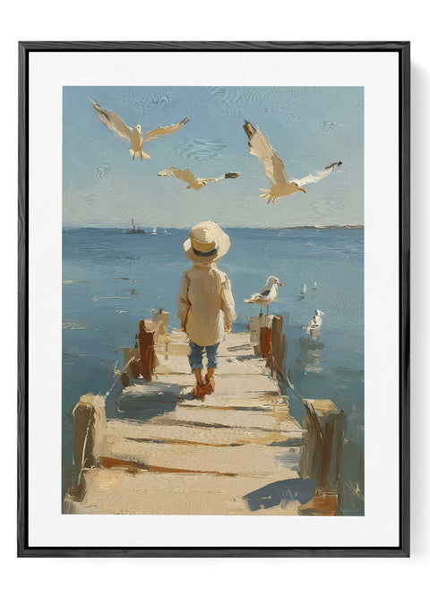 Coastal wall art featuring a seaside scene with soft blue and sandy tones.
