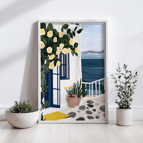 Coastal wall art featuring yellow roses and deep blue ocean

