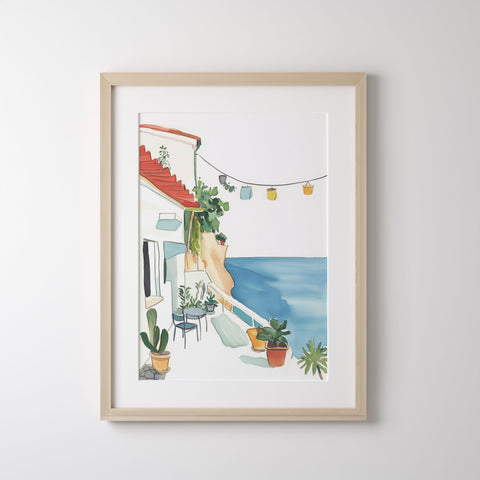 Coastal watercolor featuring white walls and turquoise sea

