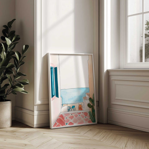 Coastal watercolor print of oceanfront terrace

