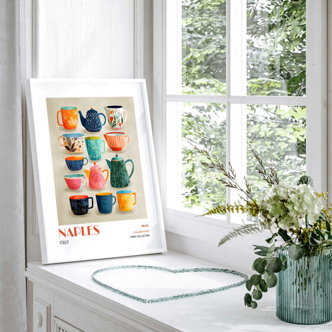 Colorful Naples poster with cups and teapots artwork