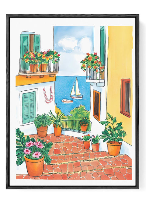 Colorful coastal courtyard scene with sailboats and garden pots

