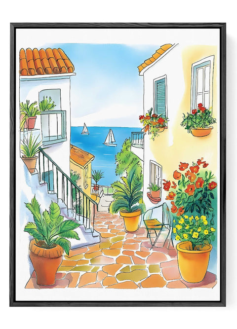 Colorful coastal village print with stairs, flowers, and sailboats

