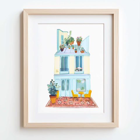 Colorful garden café print with balcony and floral accents

