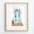 Colorful garden café print with balcony and floral accents