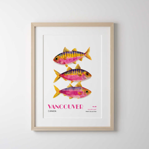Colorful seaside poster with vibrant fish artwork
