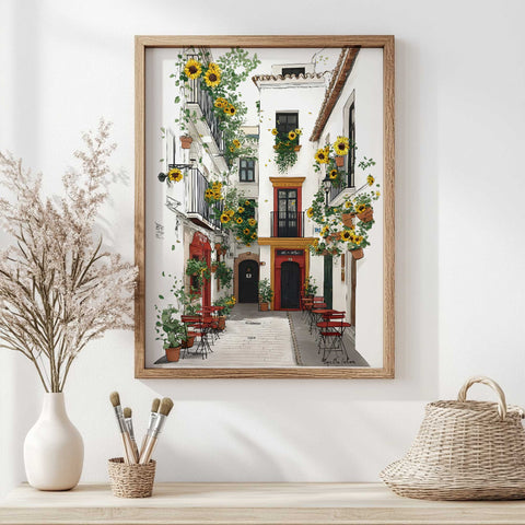 Colorful summer alley art with blooming flowers

