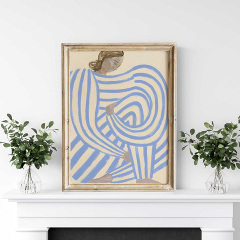 Contemporary art print featuring hand-painted blue stripes and soft tones.