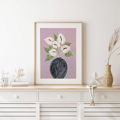 Contemporary botanical print with striped navy vase and elegant lilies