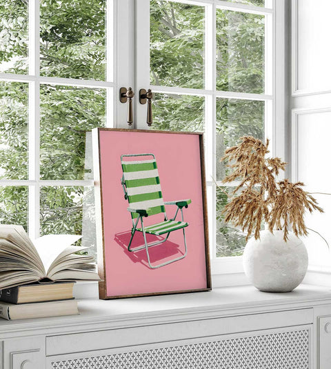 Contemporary coastal wall art featuring a beach chair for a bedroom or studio.
