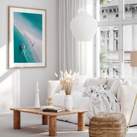 Contemporary coastal wall art featuring a beach for an office or bathroom.