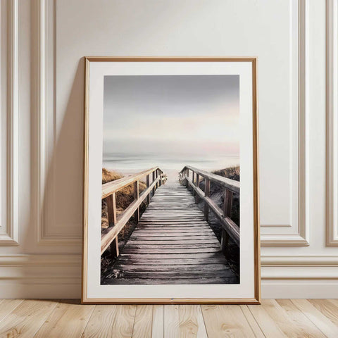 Contemporary coastal wall art featuring a boardwalk for a bedroom or studio.