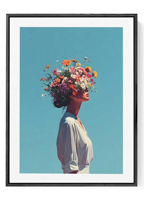 Contemporary female portrait wall decor with a bright blue sky background.