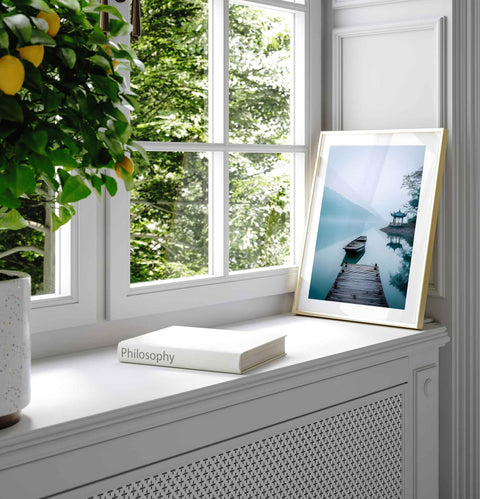 Contemporary landscape wall art featuring a mirrored lake reflection.