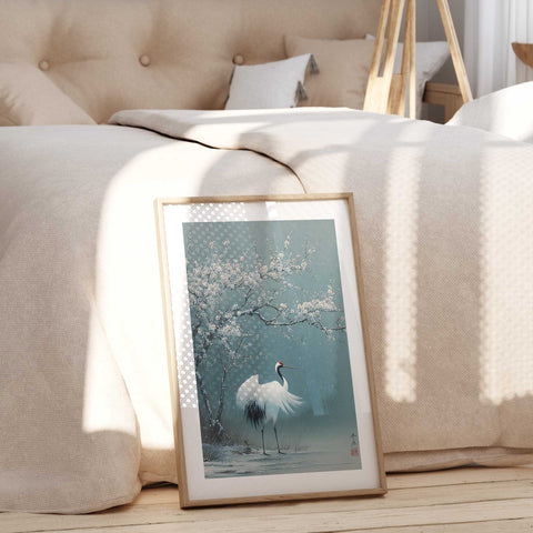 Contemporary wildlife wall art featuring a crane for a minimalist office.