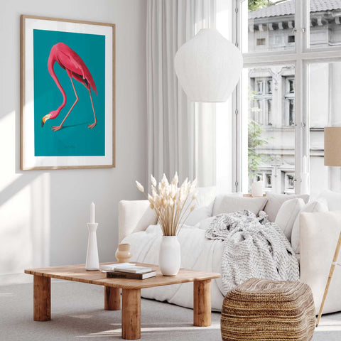 Contemporary wildlife wall art featuring a flamingo for a home office.