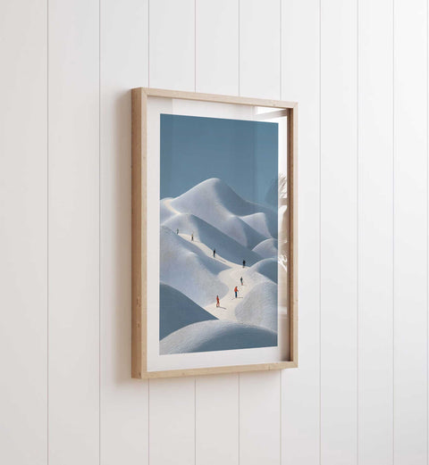 Minimalist Skiers in Snow Dunes Print – Modern Winter Landscape Wall Art - oakposter