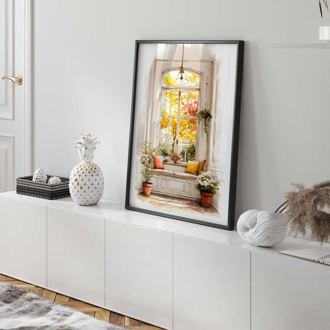 Cottage-style interior with plants and cushions print