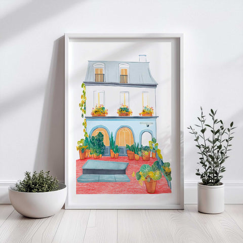Courtyard garden watercolor scene with charming European architecture

