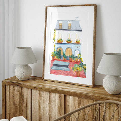 Courtyard view Paris print with blooming greenery and arched windows

