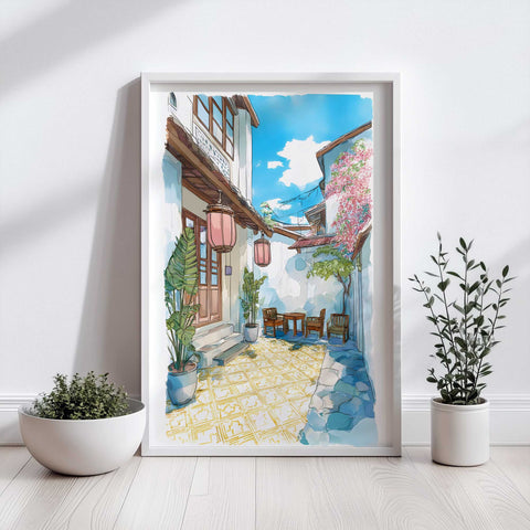 Courtyard with yellow tiles and plants