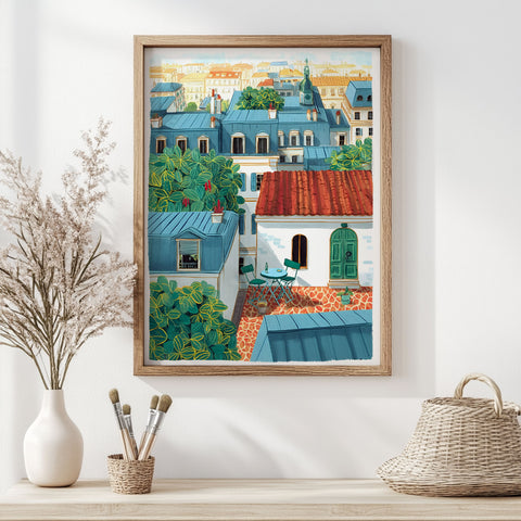 Cozy Balcony Art – Parisian Rooftop Poster
