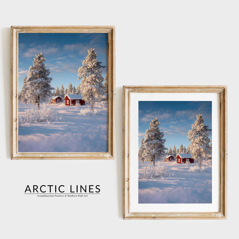 Cozy Nordic winter decor print showing snow laden pine trees and cottage