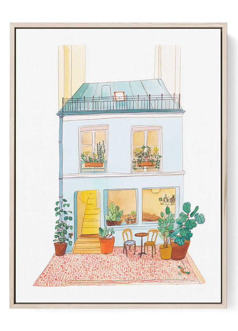 Cozy Paris watercolor print with rooftop apartment and café tables

