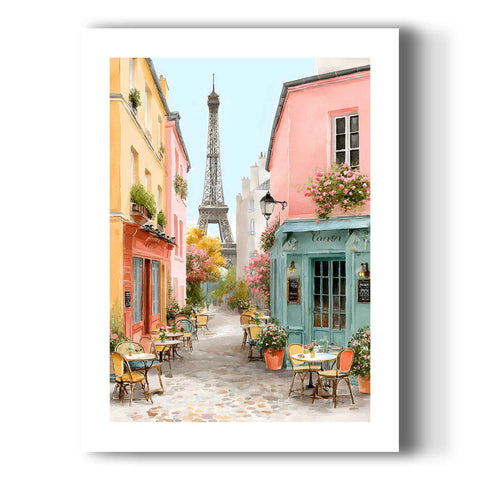 Cozy Parisian cafe sidewalk scene poster for kitchen or dining room wall decor