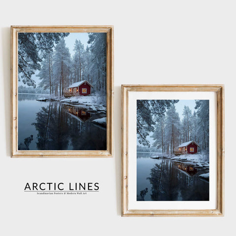 Cozy Scandinavian retreat wall art of a red cabin in a snowy wilderness