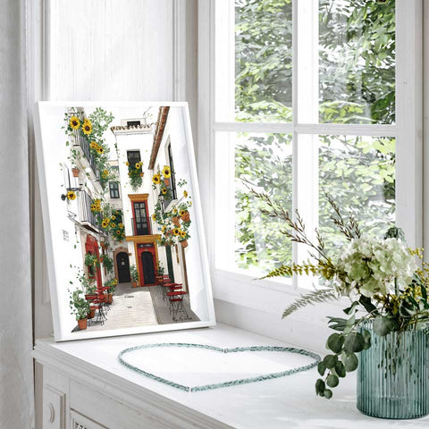 Cozy Spain café scene watercolor wall art

