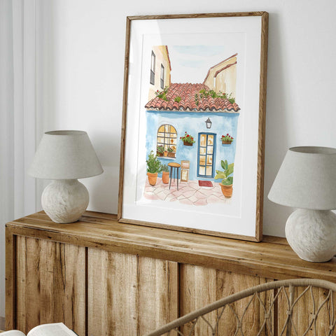 Cozy Spanish-style house watercolor featuring courtyard charm

