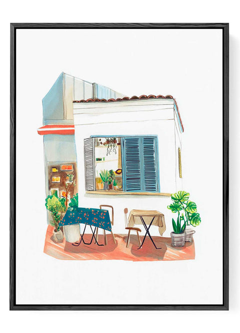 Cozy Tokyo café wall art featuring outdoor chairs and tables

