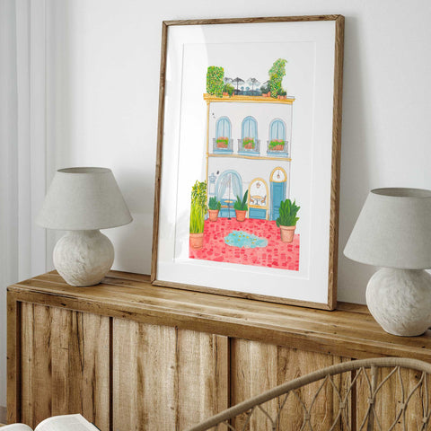 Cozy cafe watercolor scene with pastel architecture and red tiles

