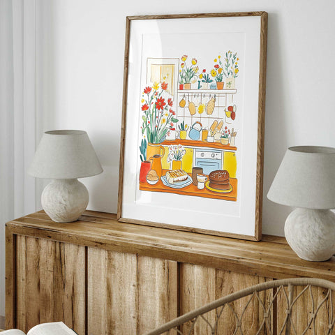 Cozy countertop filled with pastries, bread, and colorful pots

