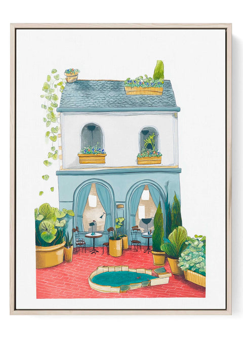 Cozy courtyard café watercolor print with tables and arched windows

