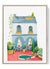 Cozy courtyard café watercolor print with tables and arched windows