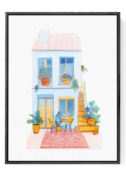 Cozy outdoor café terrace with plants, stairs, and red carpet

