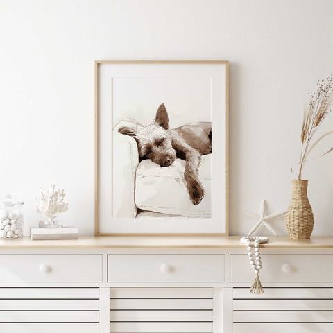 Cozy pet wall art sleeping dog watercolor style