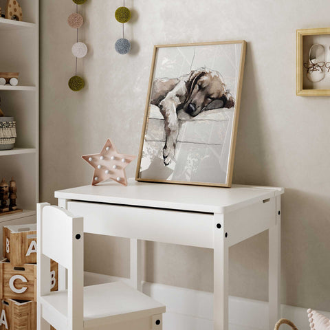 Cozy puppy illustration painting with warm golden watercolor textures