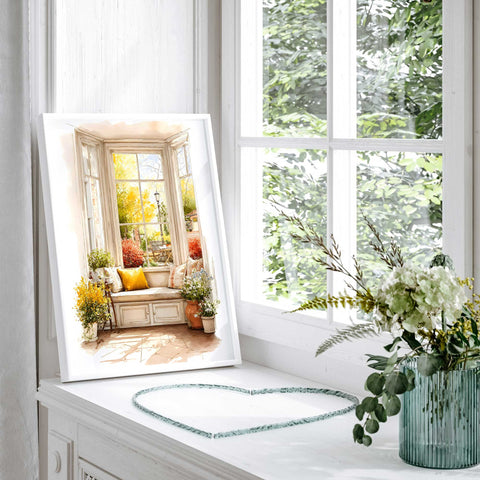 Cozy reading nook window seat artwork