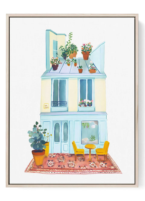 Cozy rooftop garden watercolor print with yellow chairs and potted plants

