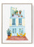 Cozy rooftop garden watercolor print with yellow chairs and potted plants